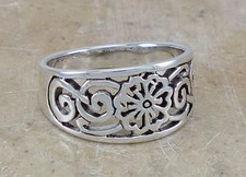 WIDE .925 STERLING SILVER FILIGREE FLORAL BAND RING size 6 style r2111
