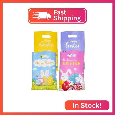 Jocomoni 100Pcs Easter Goodie Bag Plastic Treat Bag with Handle Egg Bunny Gift B