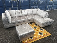 Luxury Grey Crushed Velvet 5 Seater Corner Sofa L-Shape Suite & Footstool