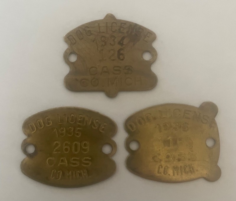 3 dog license tags from Cass County Michigan 1934 1935 & 1936