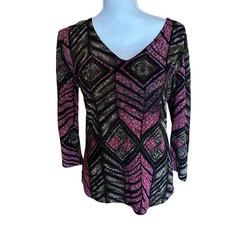 NOTATIONS Vintage Y2K Geometric Pattern Blouse Whimsygoth 90s Stretch Purple