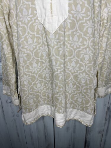 WOMENS LANDS END 100 LINEN BEIGE WHITE QUATREFOIL FLORAL LONG SLEEVE TUNIC TOP M - Picture 2 of 13