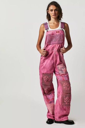 Free People x Tricia Fix Overalls Womens Small Pink Multi Hickory Stripe Tie Dye