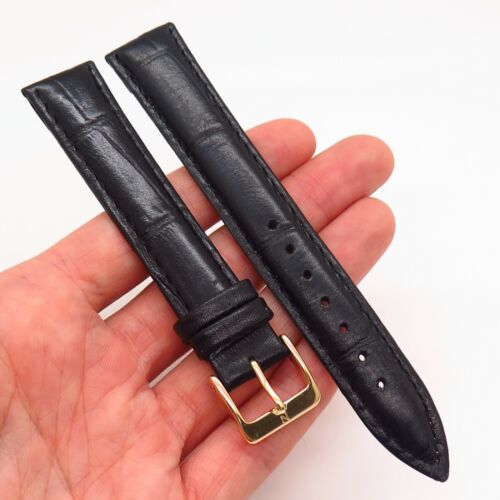 18mm NAGATA Black Genuine Leather Gold Tone Watch Band Strap - Picture 1 of 3