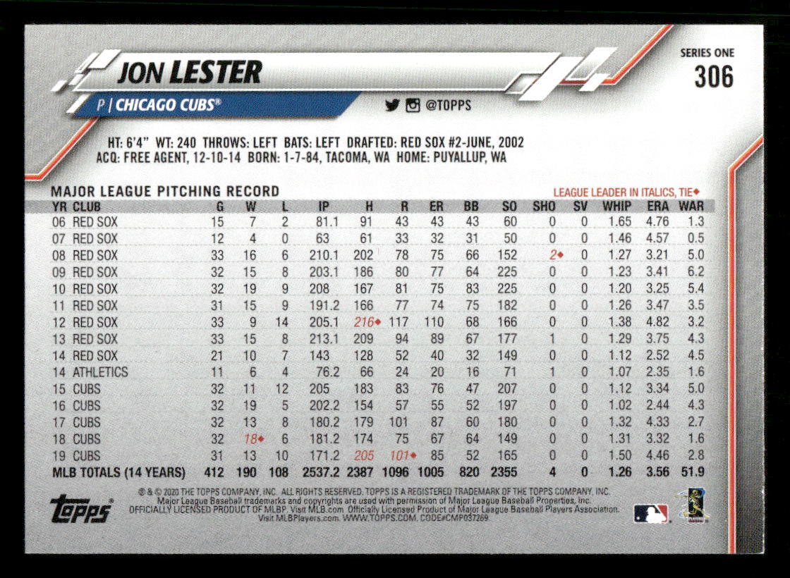2020 Topps - Jon Lester #306 Chicago Cubs - Gold Foil