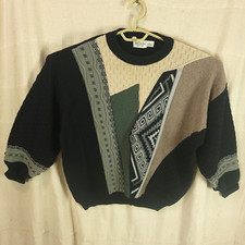 St. Croix Geometric Wool Blend Black Gray Brown Sweater Size L Large Made in USA