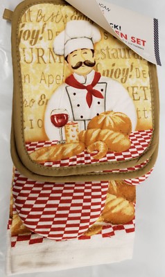 3 pc KITCHEN SET: 1 POT HOLDER, 1 OVEN MITT & 1 TOWEL, FAT CHEF WITH BREAD by AM