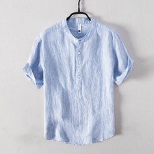 Mens Summer Short Sleeve Linen Cotton Shirts Beach Soft Loose Tops T Shirt Tee