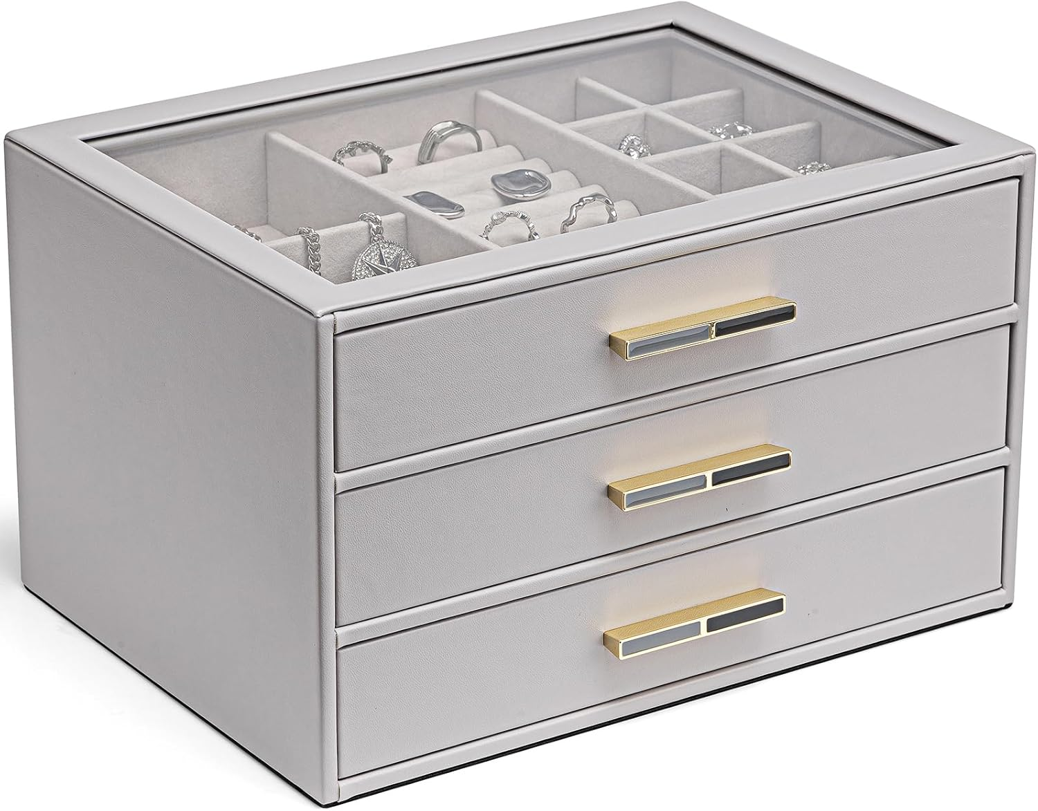 Elegant Glass Lid Jewelry Box with 3 Drawers for Necklace Storage-image