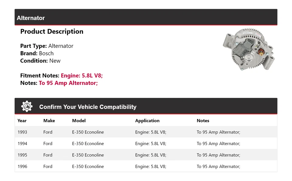 For 1993-1996 Ford E-350 Econoline 5.8L V8 Bosch Alternator (New) 1994 1995 - Image 2 of 4