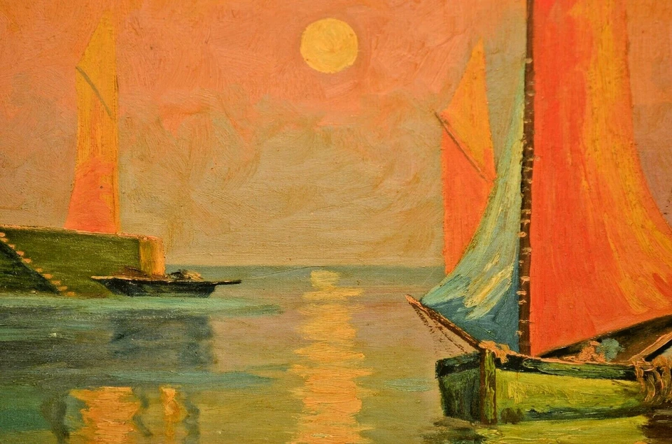 Pintura al óleo paisaje marino ASA RANDALL original vintage firmada velero puerto barco Foto 3 de 4