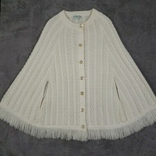 Vintage White Knit Poncho Shawl Cape Fringe Button Down Hand Vents One Size