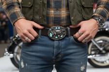 NEW Men Western Belt Buckle Silver Metal Pistol Gun Feather Bull Turquoise Blue