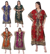 Women Ethnic Floral Print Maxi Kaftan Dress V-Neck Kimono Sleeve One Size