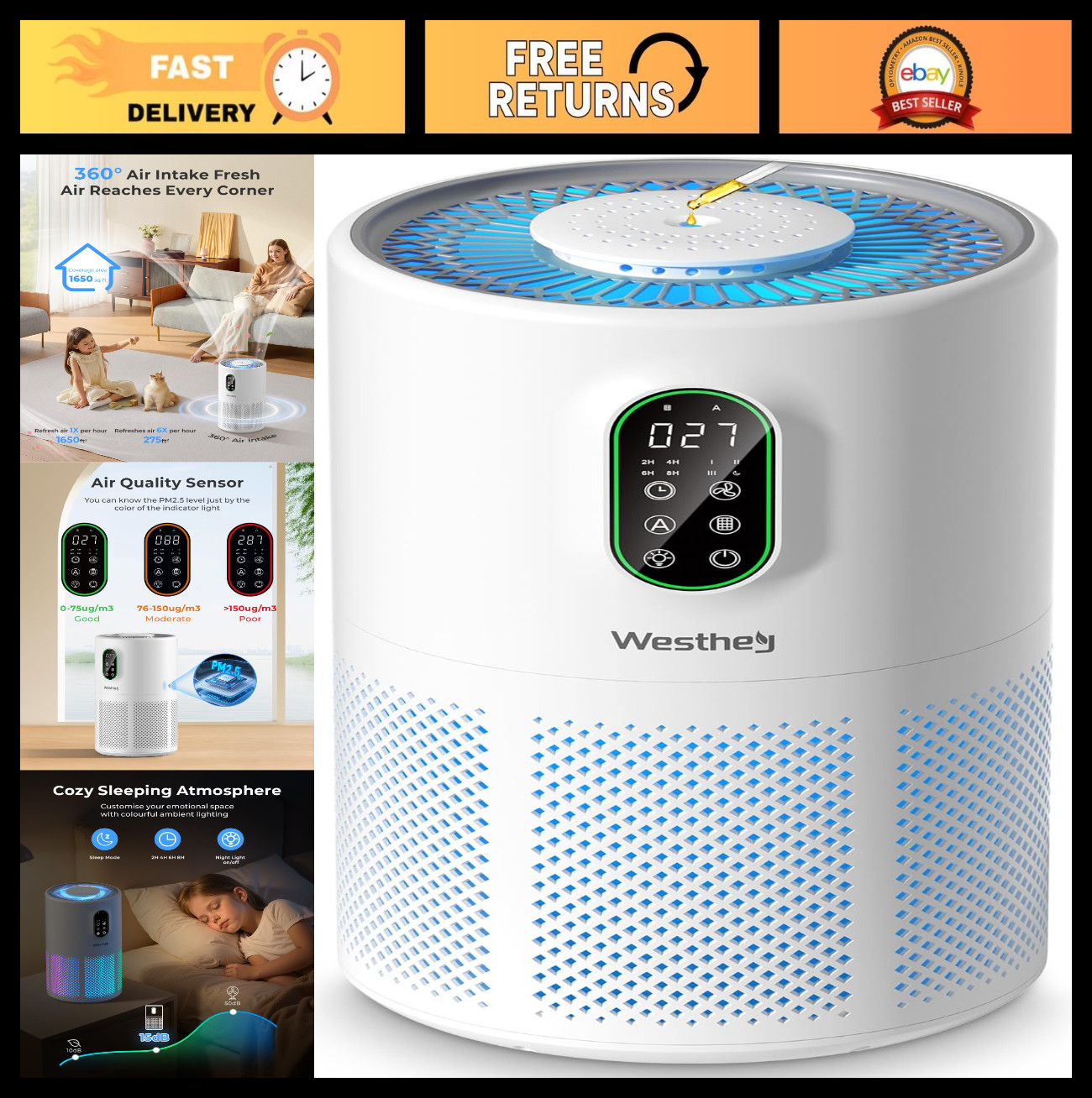 Large Room Air Purifier up to 1650 ft², True HEPA Filter, Night Light, Air Quali