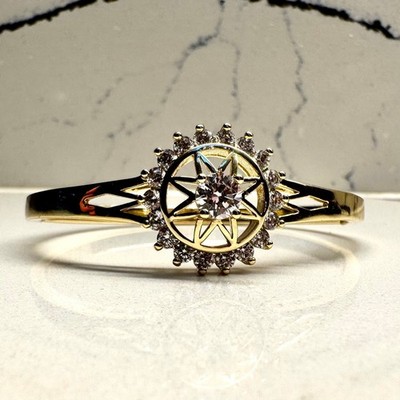 Xuping Gold Tone Starburst CZ Hinged Bangle Bracelet Clear Crystal Halo Cuff