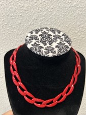 Vintage Signed NAPIER Necklace Gold Tone Red Metal Enamel Chunky Chain Link 80s