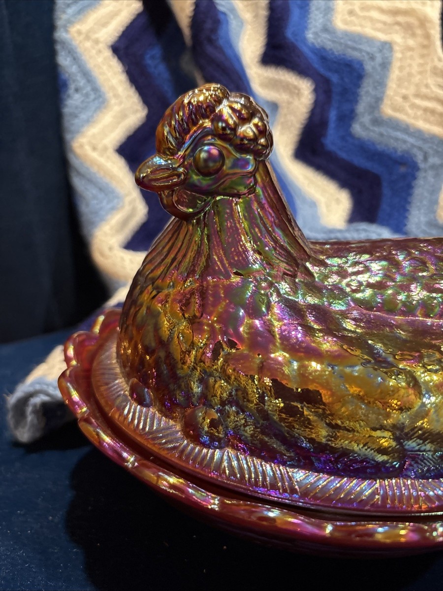 Fenton Ruby Carnival Glass Hen On Nest 8” 1996 VERY RARE Pristine