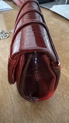 Burgundy Croc Embossed Clutch w/ Detachable Silver Chain Strap, Snap, Rhinestone