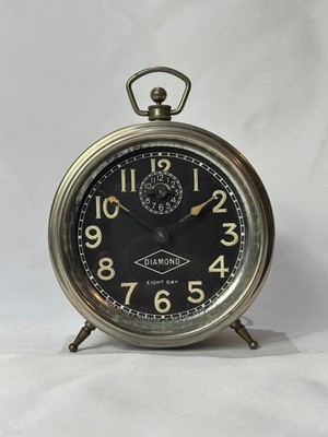 Vtg Ingraham Alarm Clock Diamond Eight Day Peg Leg Round Dial Made In USA
