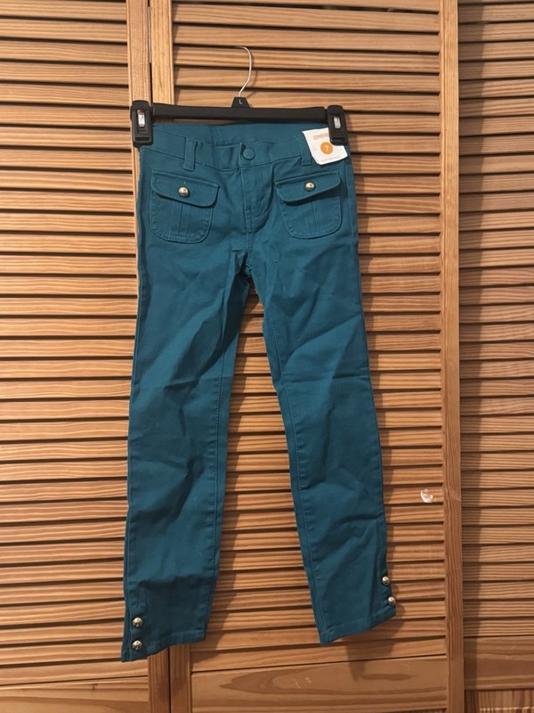 NWT Gymboree Girls Teal Denim Gold-Buttoned Pocket Straight-Leg Dress Pants; 7