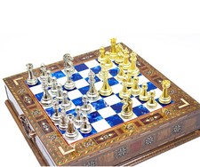 Luxury Wooden Chess Set With Storage Units - Gold And Silver Metal Chess Pieces