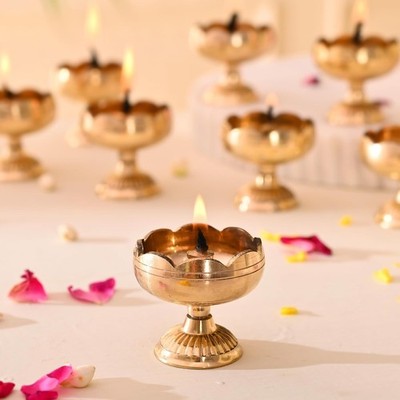 Brass Lotus Puja Diya for Home Office Temple Decoration Oil Lamp Gift Item 4.2cm