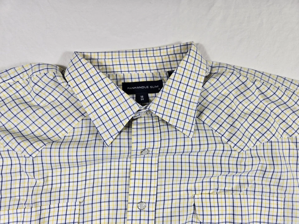 Panhandle Slim Shirt Mens 18 2XL Blue Yellow Pearl Snap Plaid Western Cowboy - Image 2 of 4