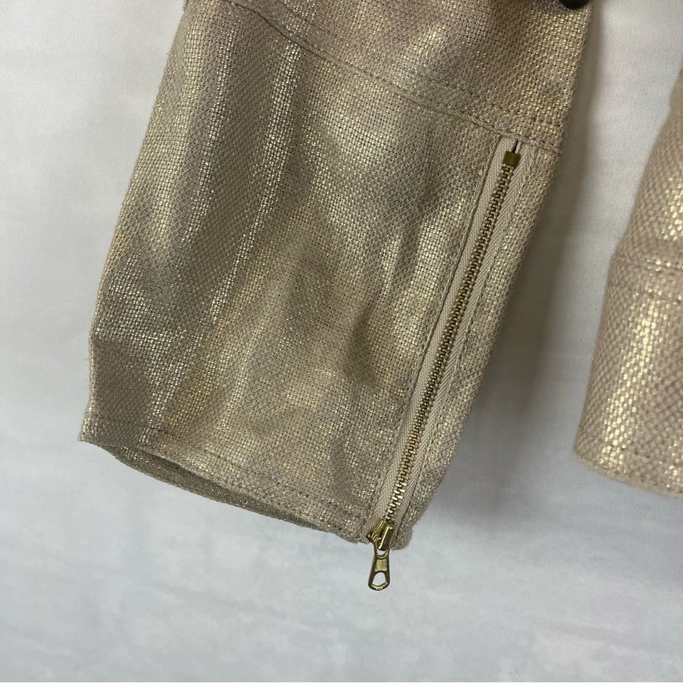 Chico's Metallic Linen Moto Jacket Gold Shimmer Size 1 (M) Lightweight Zip Front - Image 3 of 4
