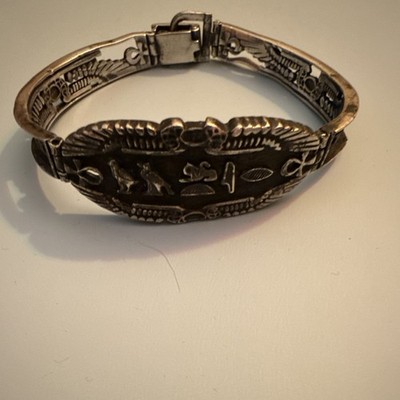 Vintage Egyptian Style .925 Silver Cuff Bracelet with Hieroglyphics, Unisex, 
