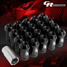 J2 M12X1.5 7075 ALUMINUM 25MM OD/50MM L 20PC KNURLED TOP LUG NUTS+ADAPTER BLACK