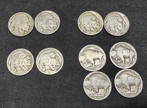 Lot of 10 Buffalo Nickels 1925P, 1928P, 1930P2, 1936P2, & 2-P, 1-D, 1-S Unkown
