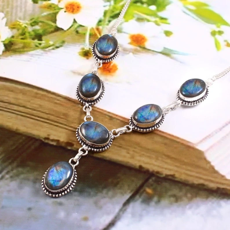 Labradorite Gemstone Necklace 925 Sterling Silver Handmade Adjustable Jewelry S9 - Image 2 of 4