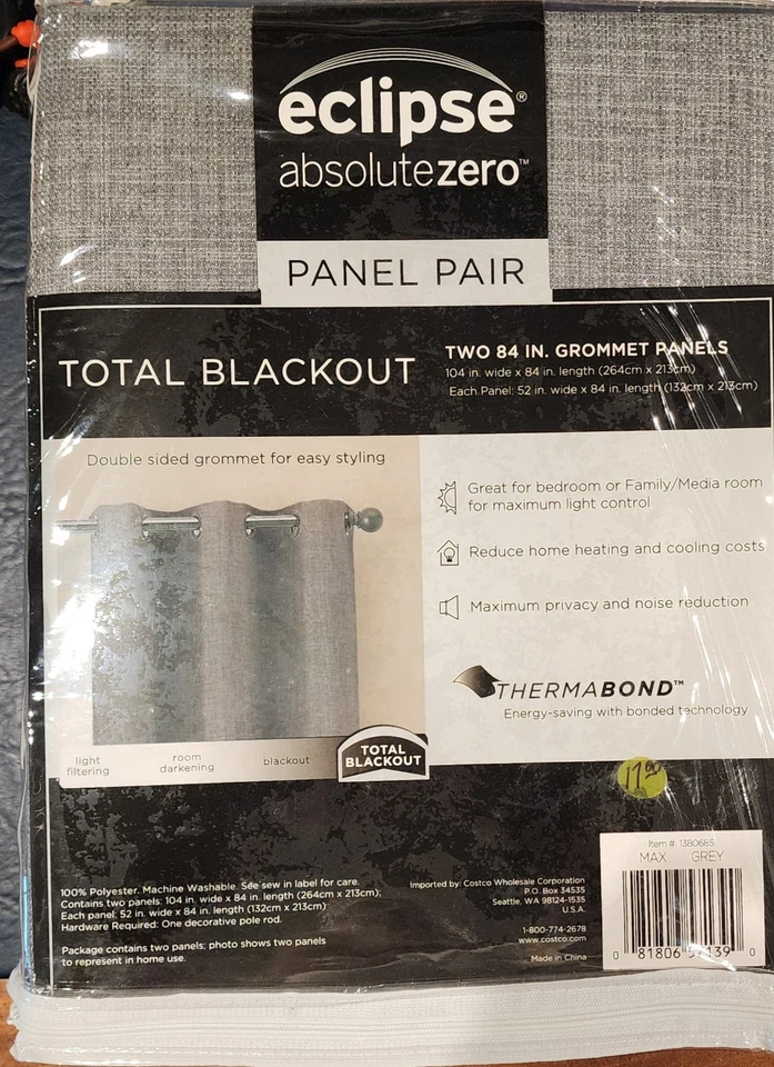Eclipse Monty Grommet Top Blackout Curtain Panels (2) – Grey– 52”W x 84”L - Image 2 of 4