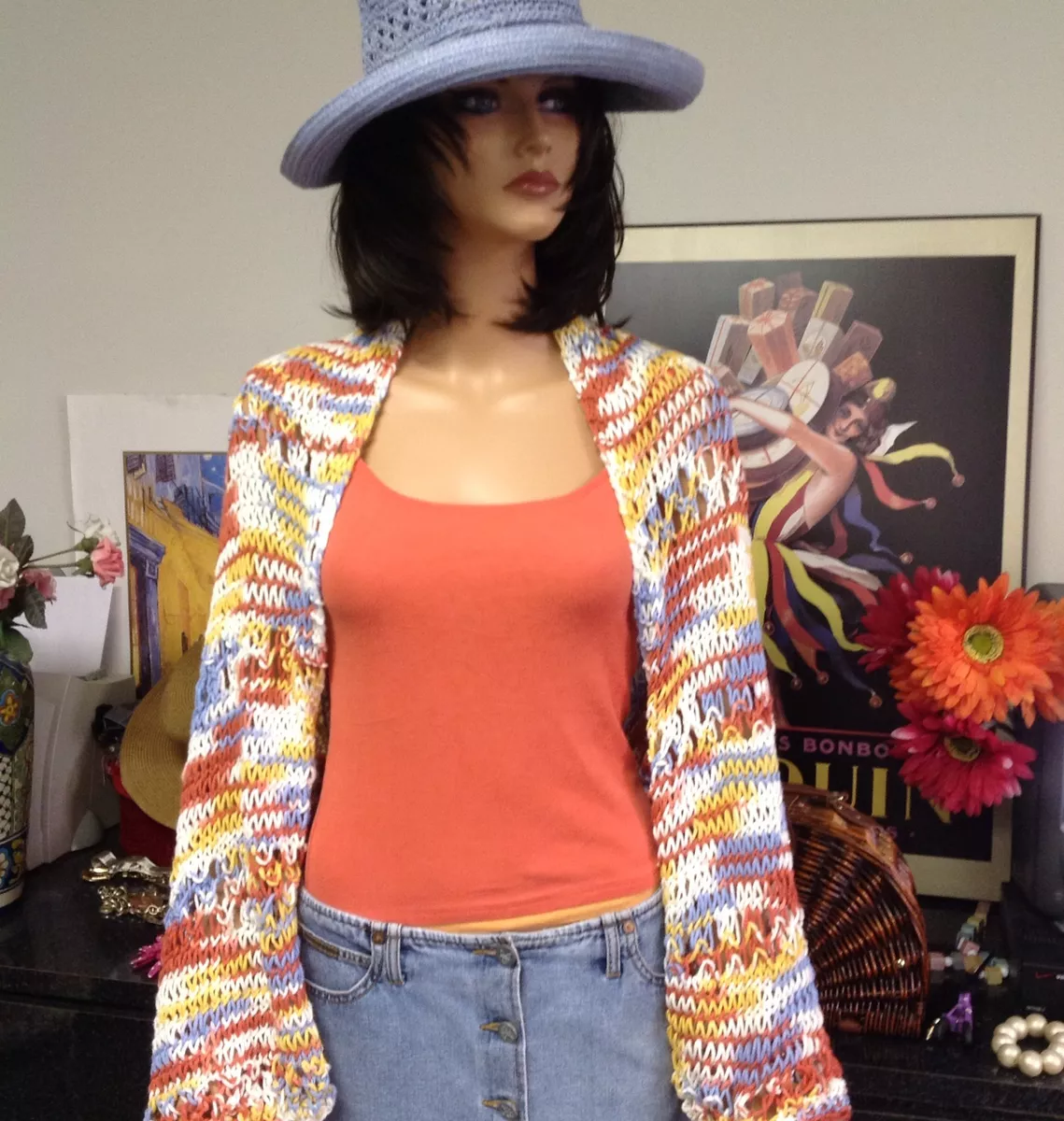 Hand Knit Cotton Shrug Shawl Spring Summer Fashion Multicolor Lace