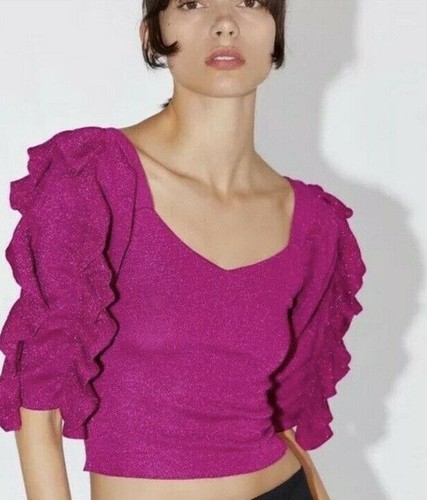Zara Knit Crop Sweater Top Ruffle 