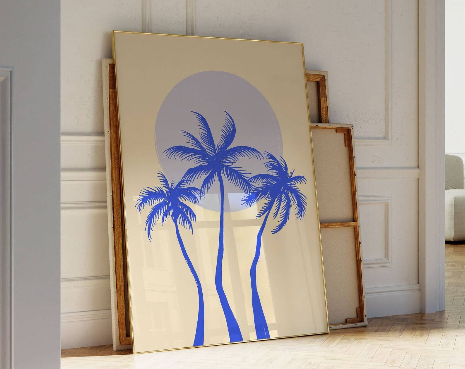 Vintage Blue Tropical Prints Coastal Wall Decor Palm Wall Art Retro Beach Wall