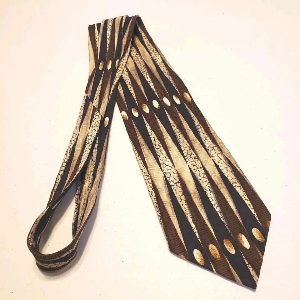 Corbata Pierre Balmain Couture color tostado patrón de rayas corbata de seda 59x4" Foto 2 de 4