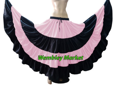 Pink & Black Satin 12 Yard 4 Tier Gypsy Skirt Belly Dance Ruffle Flamenco