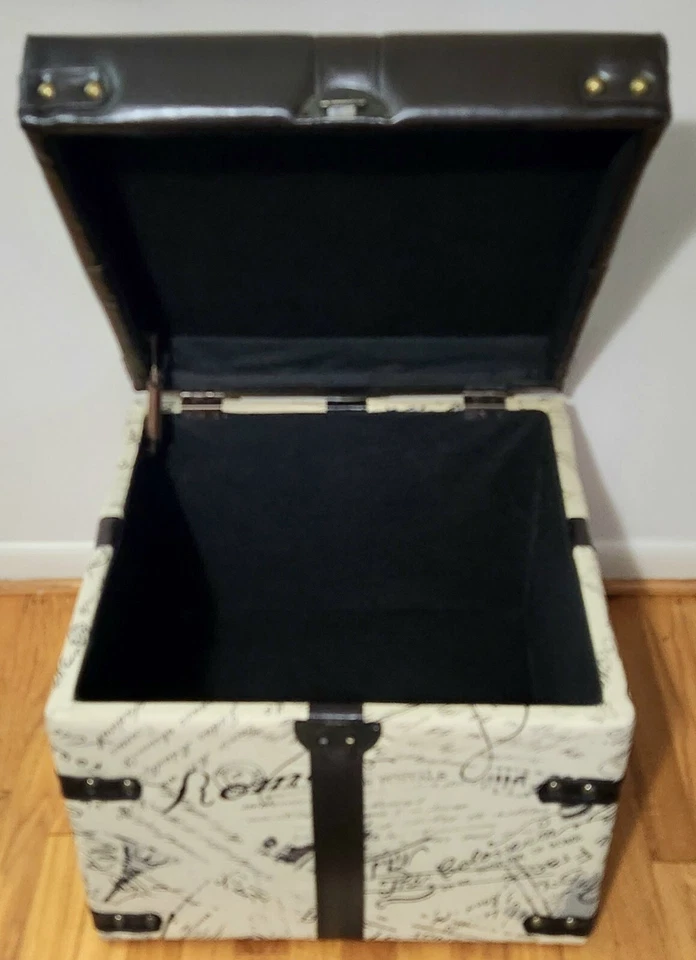 Faux Leather Ottoman Storage Cube Script Upholstered with Nail Heads Read Detail - Image 3 of 4