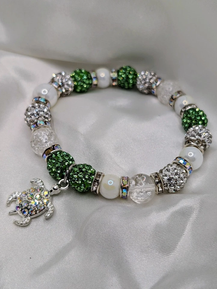 Pulseira de contas de porcelana verde strass pérola tartaruga marinha - Imagem 3 de 3
