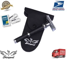 Sharpend Pro Double Edge Stainless Black Safety Razor and Stand + Free Blades US