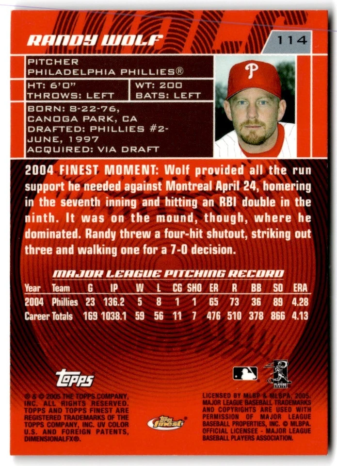 2005 Finest Randy Wolf Philadelphia Phillies #114 - Image 2 of 2