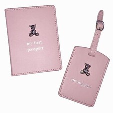 Baby's My First Passport Cover and Luggage Tag Set Teddy Bear Design - Pink