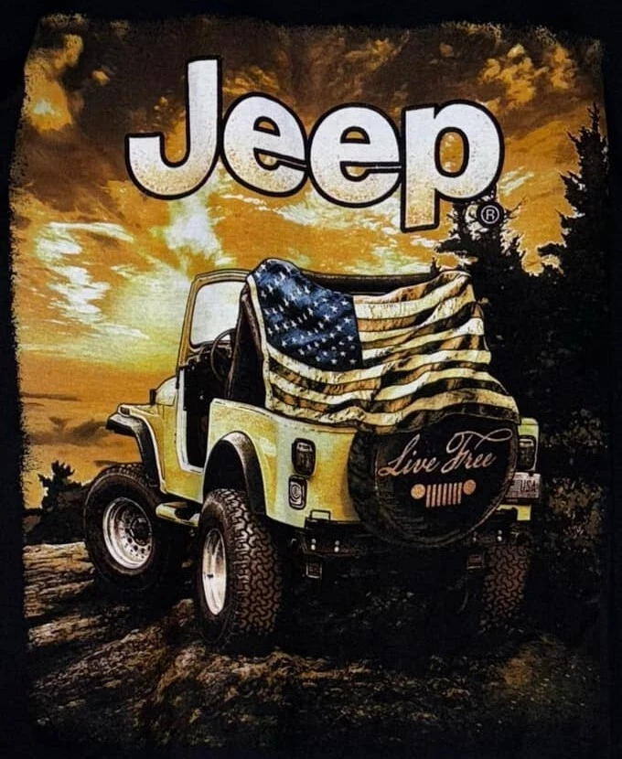 NUEVA Camiseta Jeep Wrangler Bandera Americana Live Free Sunset Negra Talla L Grande Foto 2 de 4