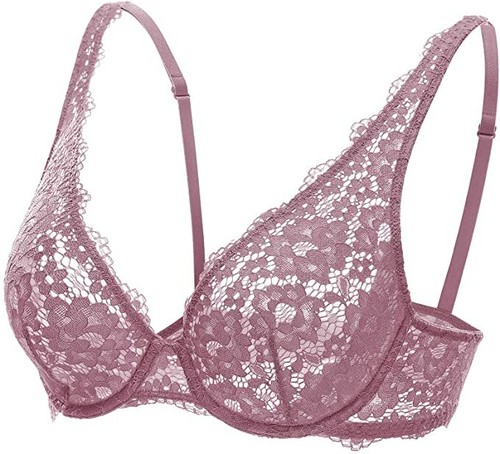 Dobreva Orchid Rose Pink Bra 36C Underwired Sheer Plunge Lace Unpadded Womens