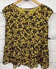 Ann Taylor Peplum Blouse Womens XSmall Lined Black Olive Cap Sleeve Relax Office