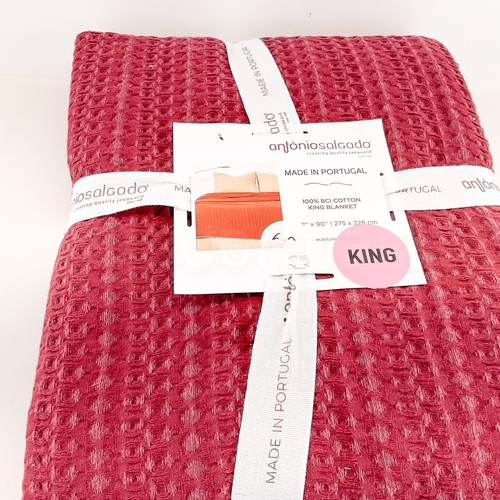 Antonio Salgado King Blanket 100% Cotton Jacquard Portugal Made 108" x 90" Red - Picture 4 of 10