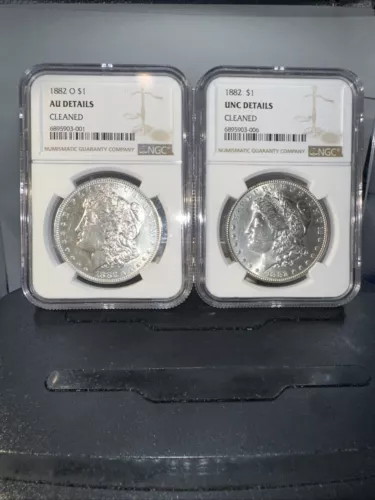 Lot Of 2 Morgan Dollars 1882 O AU Details Cleaned & 1882 UNC Details Cleaned NGC