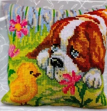 DIY Collection D'Art Puppy Dog Chick Cross Stitch Needlepoint 16" Pillow Top Kit